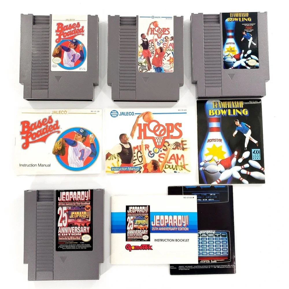 Nintendo NES Games Lot Of 4 w/ Manuals Bases Loaded, Hoops, Jeopardy, Bowling
